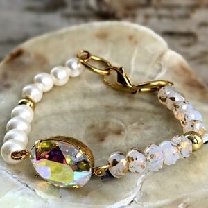 White Opal W/ Gold Specks & Pearls With White AB Centerpiece Bracelet